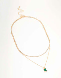 Gold Diamante & Baguette Cut Green Diamante Layered Necklace - link has visual effect only