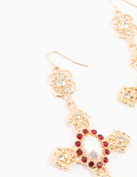 Gold  & Red Pearl Large Cross Drop Earrings - link has visual effect only