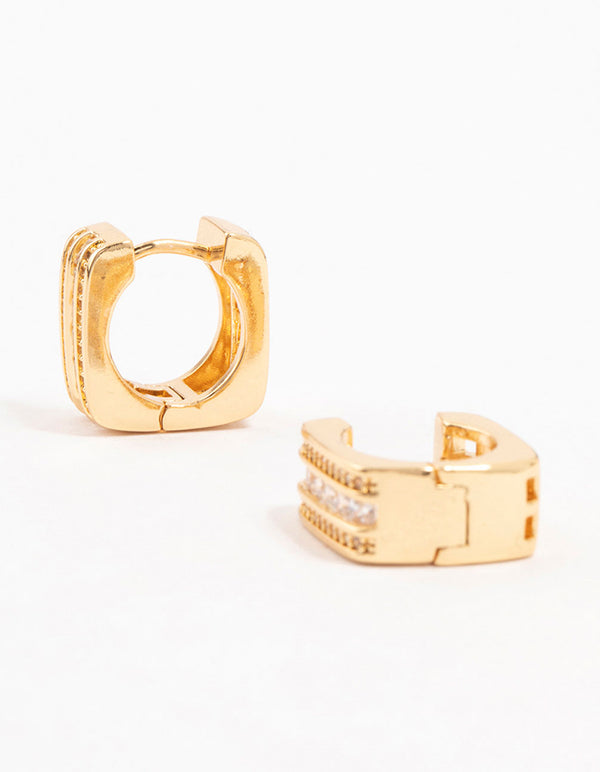 Gold Plated Trio Pave Set Diamante  Square Hoop Earrings