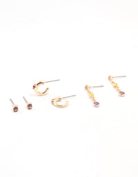 Gold Mixed Round & Marquise Purple Diamante Crystal Earrings 3-Pack - link has visual effect only