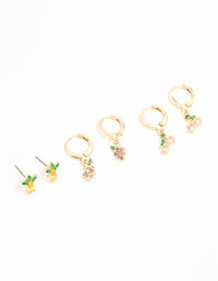 Gold Mixed Fruit Studs & Huggie Earrings 3-Pack - link has visual effect only