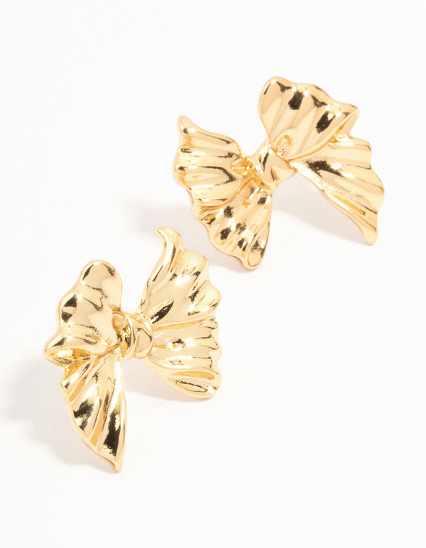 Real Gold Plated Ribbed Bow Earrings