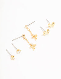 Real Gold  Plated Mini Cubic Zirconia Bow Drop Earrings 3-Pack - link has visual effect only