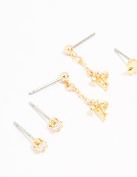 Real Gold  Plated Mini Cubic Zirconia Bow Drop Earrings 3-Pack - link has visual effect only