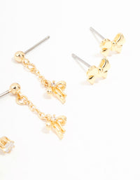 Real Gold  Plated Mini Cubic Zirconia Bow Drop Earrings 3-Pack - link has visual effect only