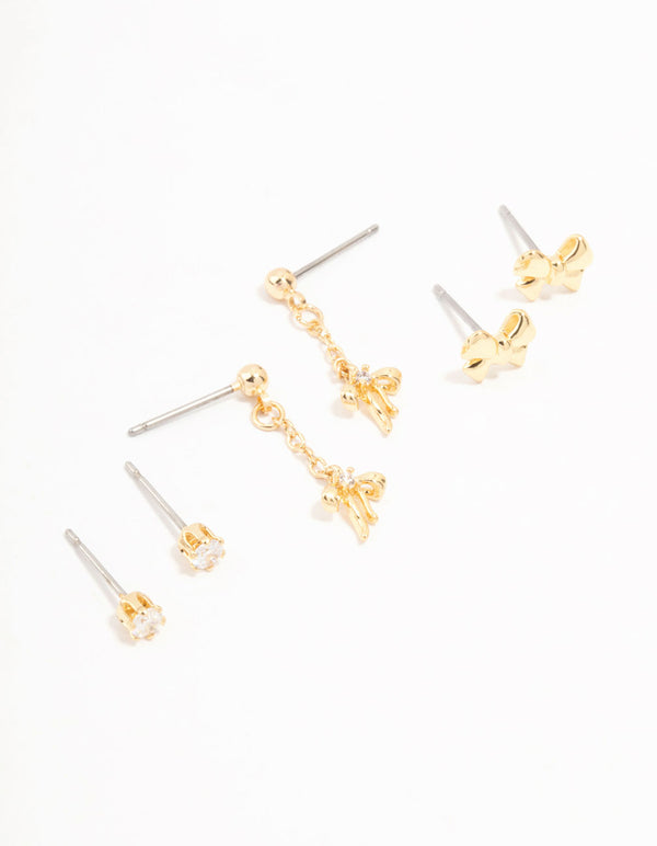 Real Gold  Plated Mini Cubic Zirconia Bow Drop Earrings 3-Pack