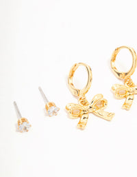 Gold Plated Brass Bow Drop & Cubic Zirconia Huggie & Stud Earrings 3-Pack - link has visual effect only