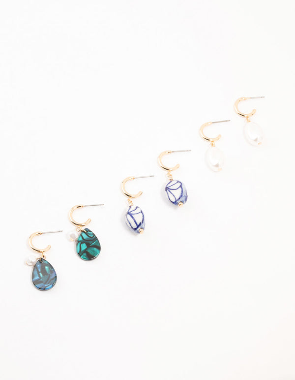 Blue Bead & Pearl Dangle Earrings 3-Pack