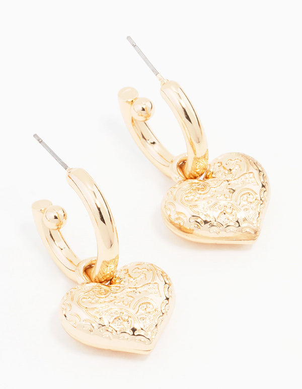 Gold Heart Drop Hoop Earrings