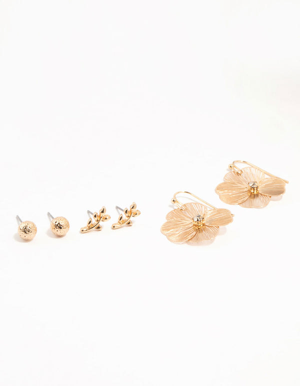 Gold Floral & Molten Stud Earrings 3-Pack