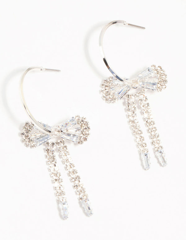 Diamante Bow Hoop Silver Earrings