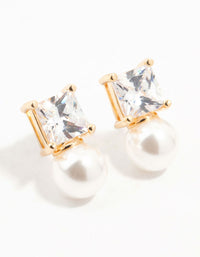 Gold Princess Cubic Zirconia Pearl Stud Earrings - link has visual effect only