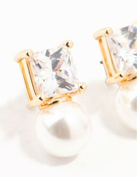 Gold Princess Cubic Zirconia Pearl Stud Earrings - link has visual effect only