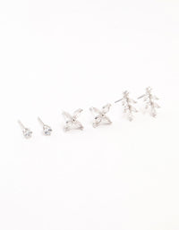 Silver Dainty Flower Cubic Zirconia Stud Earrings 3-Pack - link has visual effect only