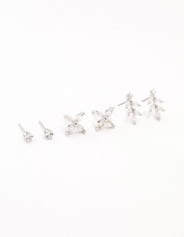 Silver Dainty Flower Cubic Zirconia Stud Earrings 3-Pack