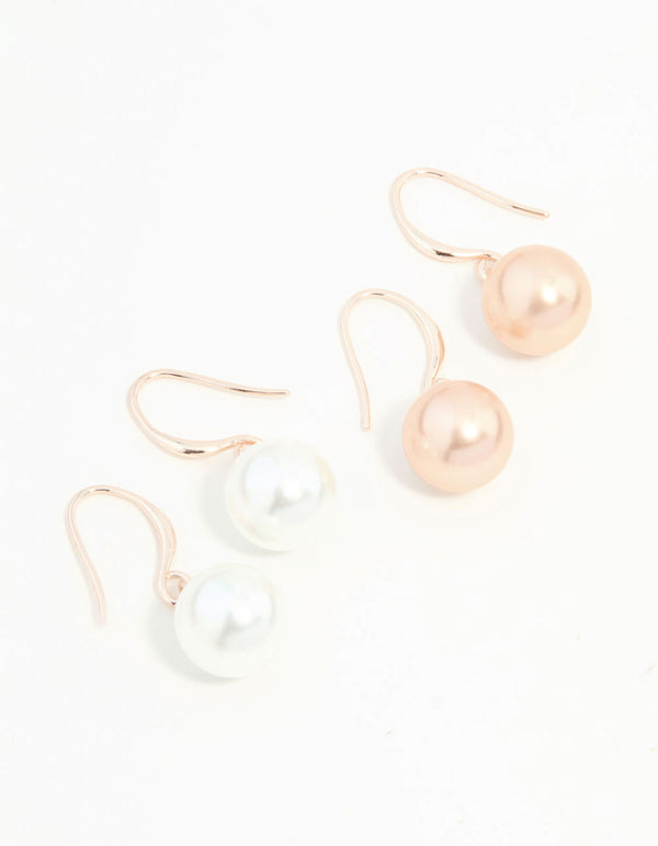 Rose Gold Dainty Pearl Drop Earrings 2-Pack