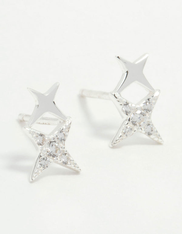 Sterling Silver Cubic Zirconia Double Star Stud Earrings