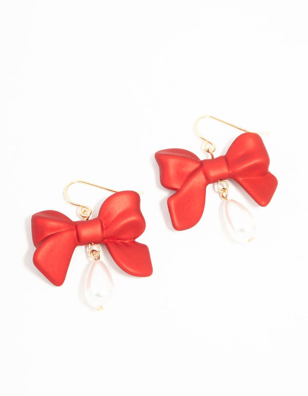 Red Pearlised Bow & Pearl Gold Drop Earrings