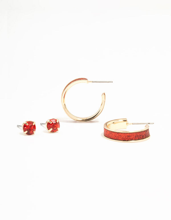 Red Glitter Hoop Earrings & Red Diamante Stud Earrings 2-Pack