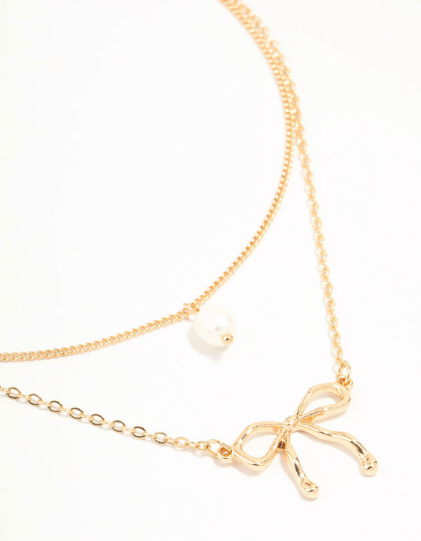 Gold Pearl & Bow Layered Necklace