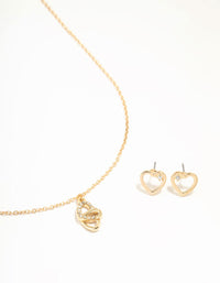 Gold Link Heart Diamante Necklace & Earrings Set - link has visual effect only