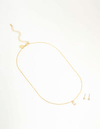 Gold Baguette Cut Diamante Necklace & Stud Earrings Set - link has visual effect only