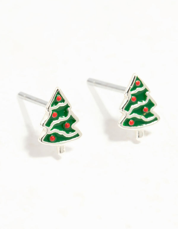 Green Enamel Sterling Silver Christmas Tree Stud Earrings