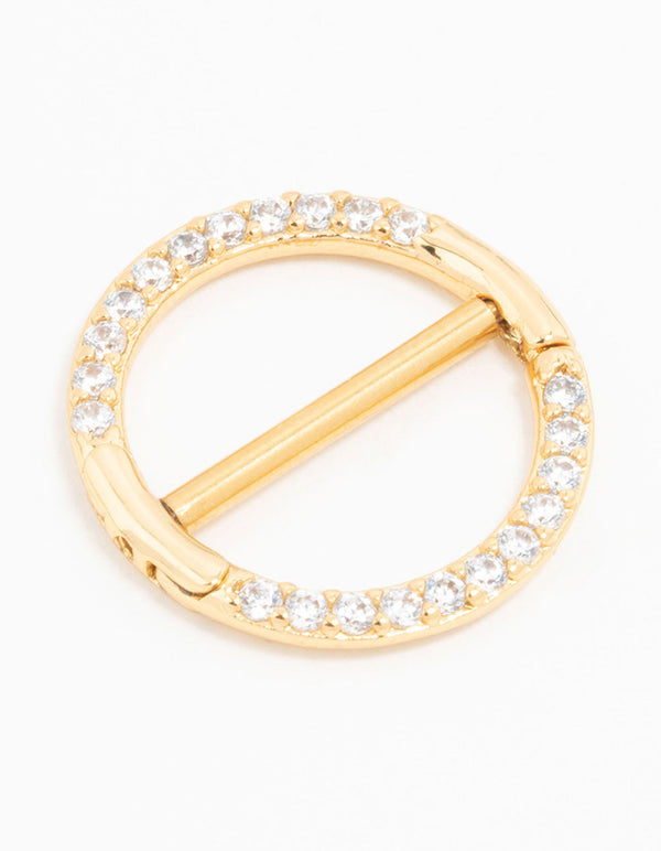 Gold Plated Surgical Steel Pave Cubic Zirconia  Hoop Nipple Ring