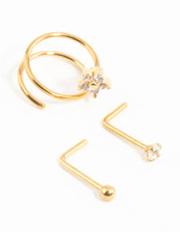 Gold Plated Surgical Steel Mini Cubic Zirconia Flower Nose Stud & Ring 3-Pack - link has visual effect only