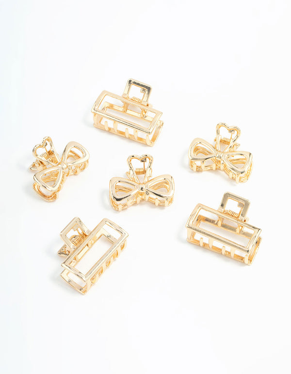 Gold Open Rectangle & Bow Claw Clips 6-Pack