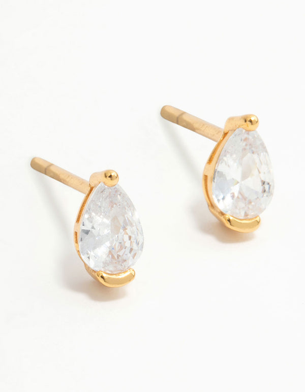 Gold Plated Sterling Silver Pear Shaped Diamante Stud Earrings