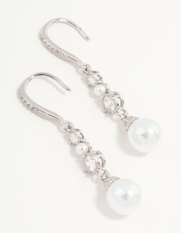 Silver Pearl & Cubic Zirconia Drop Hook Earrings