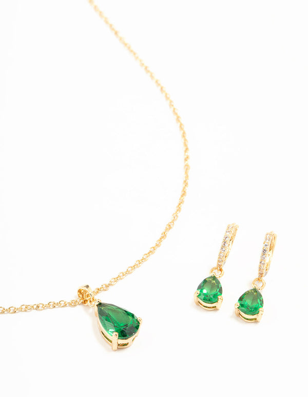 Gold Plated Emerald Teardrop Diamante Drop Necklace & Earrings Set