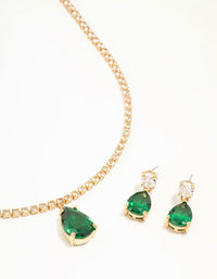 Gold Plated Emerald Diamante Tennis Necklace & Earrings Set - link has visual effect only