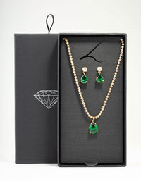 Gold Plated Emerald Diamante Tennis Necklace & Earrings Set - link has visual effect only