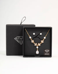 Gold Cubic Zirconia Pearl Necklace & Earrings Set - link has visual effect only