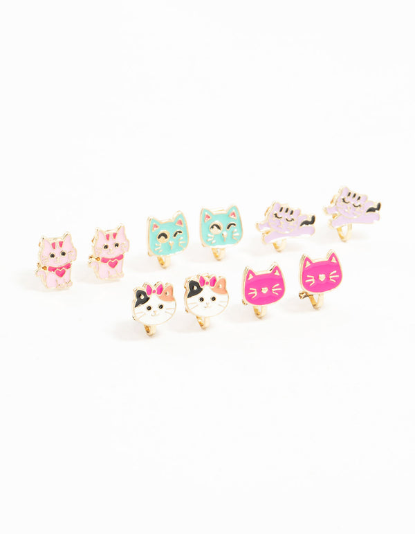 Kids Gold Cat Clip On Earrings 5-Pack