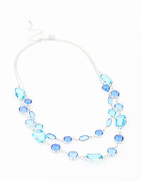 Blue Rectangle Diamante Station Rhodium  Layered Necklace - link has visual effect only