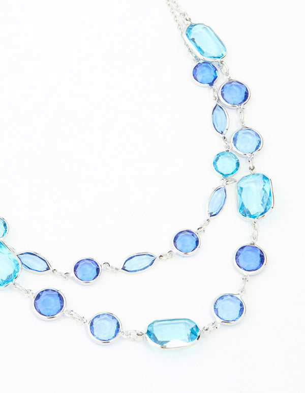 Blue Rectangle Diamante Station Rhodium  Layered Necklace