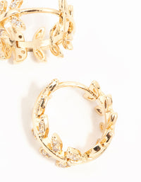 Gold Cubic Zirconia Leafy Huggie Earrings - link has visual effect only