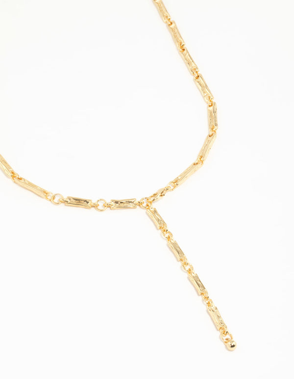 Gold Plated Rectangle & Hammered Y-Necklace