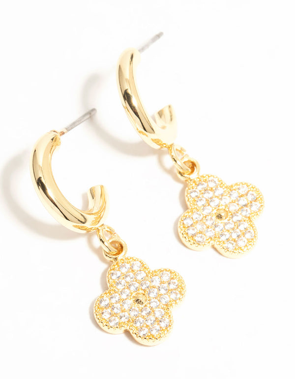 Gold Plated Cubic Zirconia Flower Drop Hoop Earrings