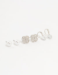 Silver Cubic Zirconia Round & Pearl Earrings 3-Pack - link has visual effect only