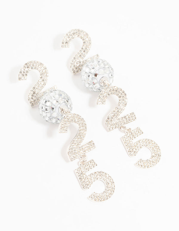 Silver 2025 Disco Ball & Diamante Drop Earrings