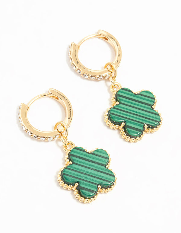 Gold Plated Emerald Clover Hoop Drop Earrings