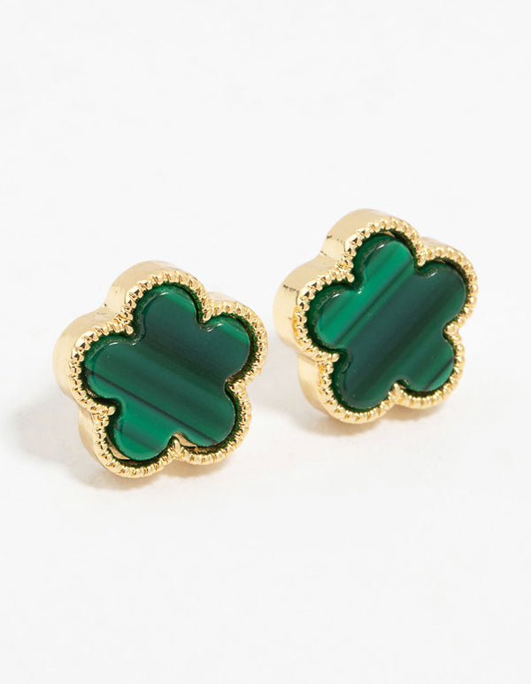 Gold Plated Emerald Clover Stud Earrings