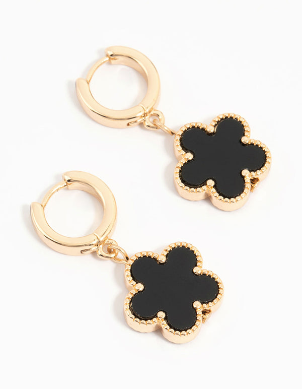 Gold Black Clover Drop Huggie Earrings