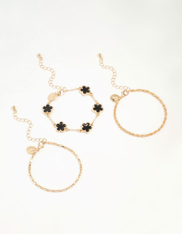 Gold Black Clover & Chain Bracelets 3-Pack