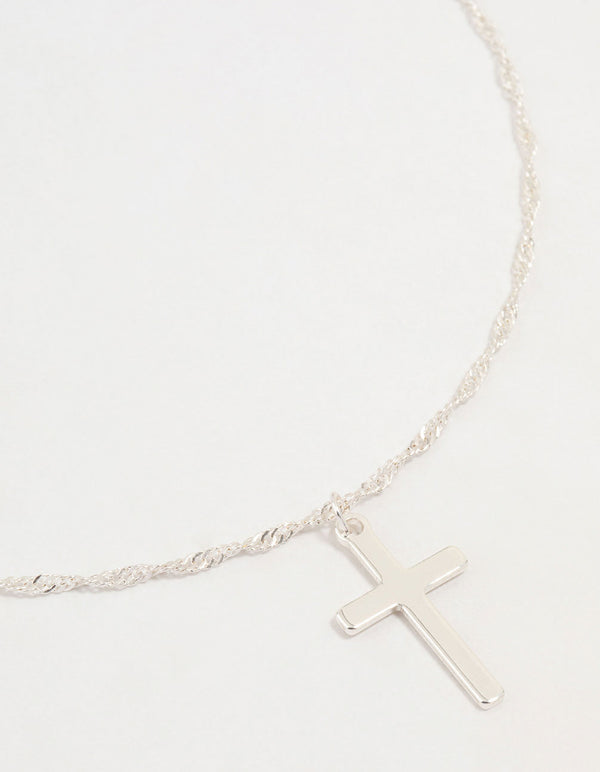 Silver Cross Twisted Chain Pendant Necklace