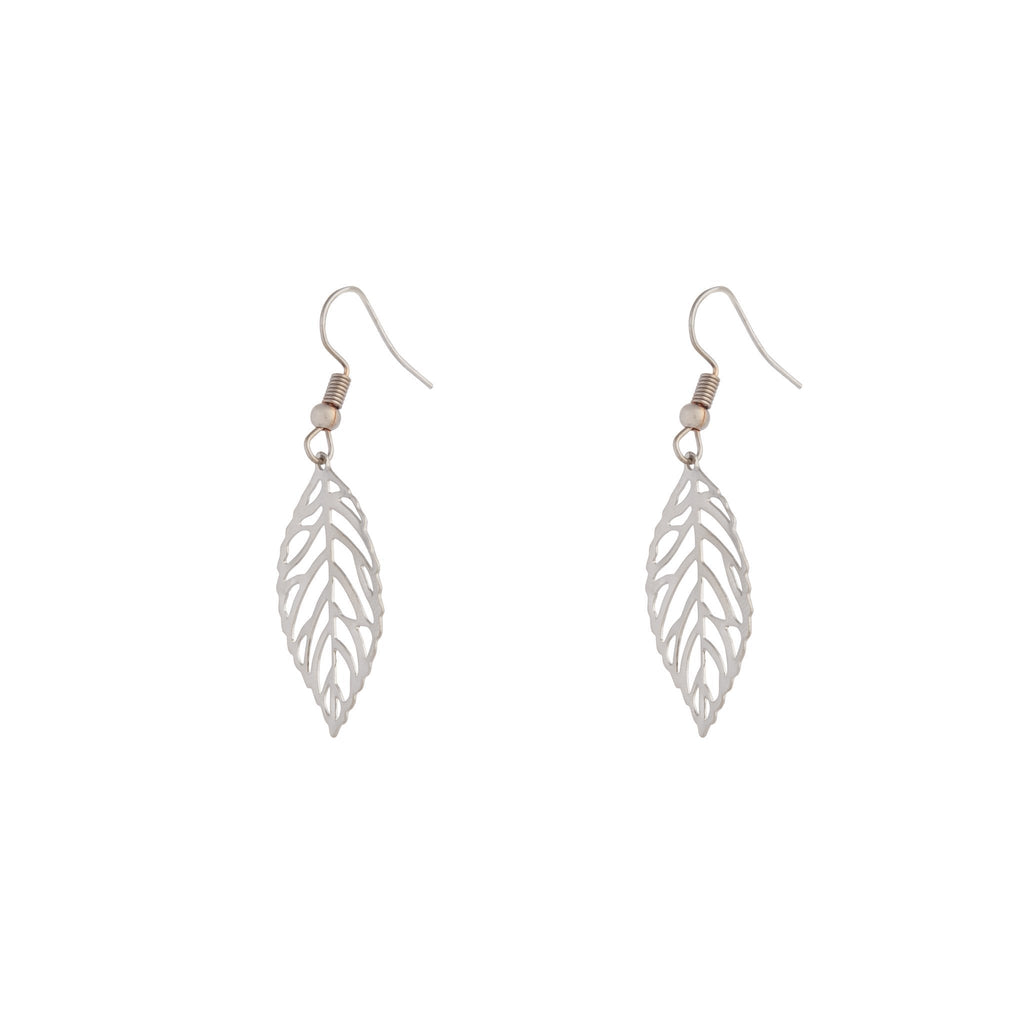 Silver Single Leaf Filigree Drop Earrings